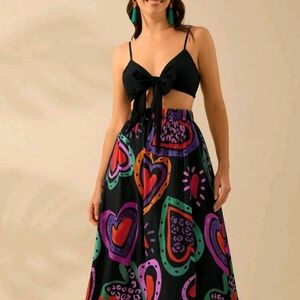 Colorful Heart Print Maxi Skirt with Black Top